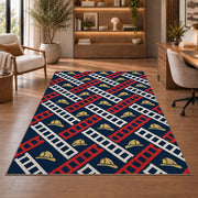 Fire Ladder Pattern firefighter rug in a study with an armchair and bookshelves