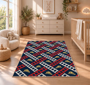 Fire Ladder Pattern firefighter rug in a nursery beside a crib