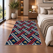 Fire Ladder Pattern firefighter rug in a bedroom beside the bed