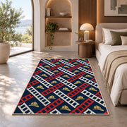 Fire Ladder Pattern firefighter rug in a bedroom with an arched window
