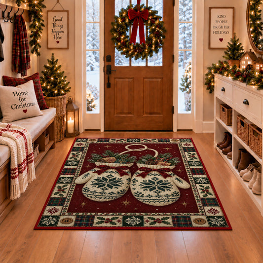 Knit Mittens with Gifts Christmas area rug in a Christmas-decorated entryway