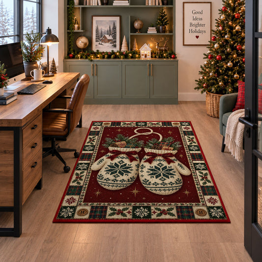 Knit Mittens with Gifts Christmas area rug in a home office beside a desk