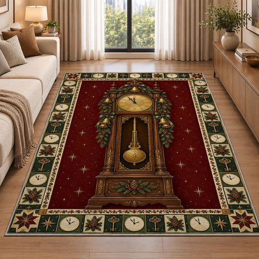 Grandfather Clock with Garland Christmas area rug in a living room beside a sofa
