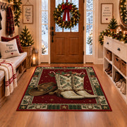 Western Cowboy Boots and Hat Christmas area rug in a Christmas-decorated entryway
