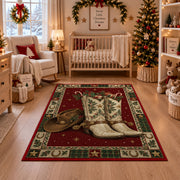 Western Cowboy Boots and Hat Christmas area rug in a nursery with a crib
