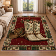 Western Cowboy Boots and Hat Christmas area rug in a living room beside a sofa