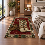 Western Cowboy Boots and Hat Christmas area rug in a bedroom beside the bed