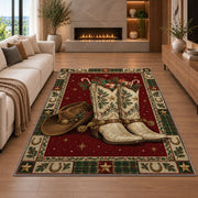 Western Cowboy Boots and Hat Christmas area rug in a living room with a fireplace