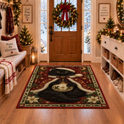Black Cat in Starry Cape Christmas area rug in a Christmas-decorated entryway