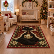 Black Cat in Starry Cape Christmas area rug in a nursery with a crib