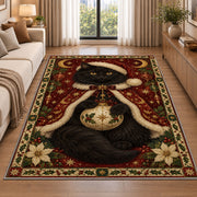 Black Cat in Starry Cape Christmas area rug in a living room beside a sofa