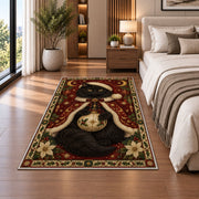 Black Cat in Starry Cape Christmas area rug in a bedroom beside the bed