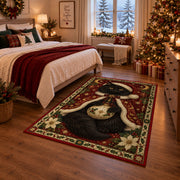 Black Cat in Starry Cape Christmas area rug in a bedroom with festive decor