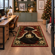 Black Cat in Starry Cape Christmas area rug in a home office beside a desk