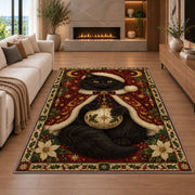 Black Cat in Starry Cape Christmas area rug in a living room with a fireplace