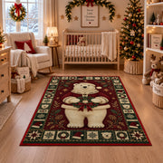 Polar Bear in Santa Coat Christmas area rug in a nursery with a crib