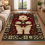 Polar Bear in Santa Coat Christmas area rug in a living room beside a sofa