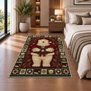Polar Bear in Santa Coat Christmas area rug in a bedroom beside the bed