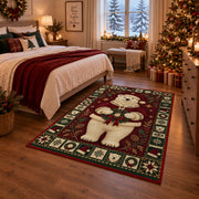 Polar Bear in Santa Coat Christmas area rug in a bedroom with festive decor