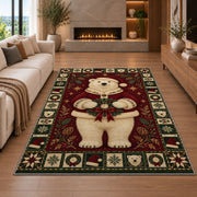 Polar Bear in Santa Coat Christmas area rug in a living room with a fireplace