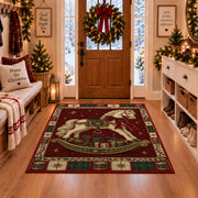 Rocking Horse with Gifts Christmas area rug in a Christmas-decorated entryway