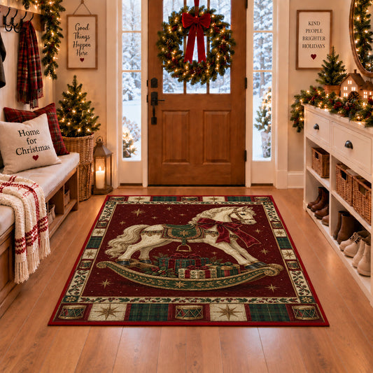 Rocking Horse with Gifts Christmas area rug in a Christmas-decorated entryway