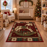 Rocking Horse with Gifts Christmas area rug in a nursery with a crib