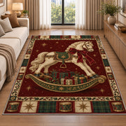 Rocking Horse with Gifts Christmas area rug in a living room beside a sofa