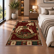 Rocking Horse with Gifts Christmas area rug in a bedroom beside the bed