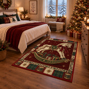 Rocking Horse with Gifts Christmas area rug in a bedroom with festive decor