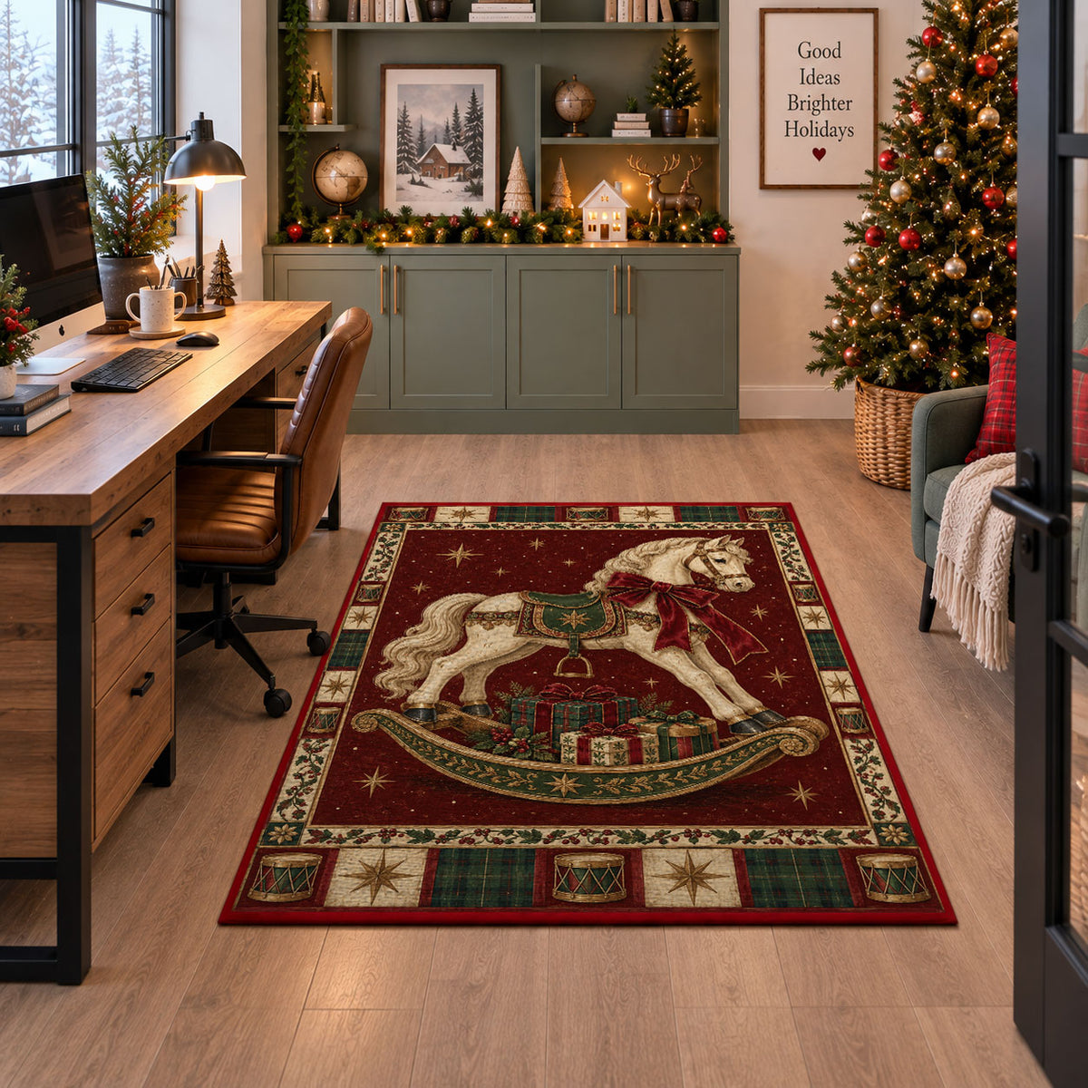 Rocking Horse with Gifts Christmas area rug in a home office beside a desk