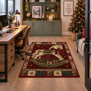 Rocking Horse with Gifts Christmas area rug in a home office beside a desk
