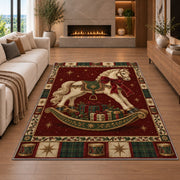 Rocking Horse with Gifts Christmas area rug in a living room with a fireplace
