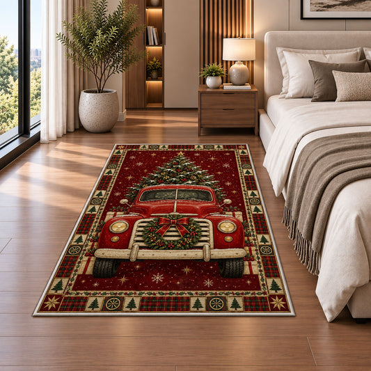 Vintage Red Truck with Tree Christmas area rug in a bedroom beside the bed