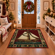 Sailboat with Garland Christmas area rug in a Christmas-decorated entryway