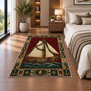 Sailboat with Garland Christmas area rug in a bedroom beside the bed