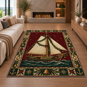 Sailboat with Garland Christmas area rug in a living room with a fireplace