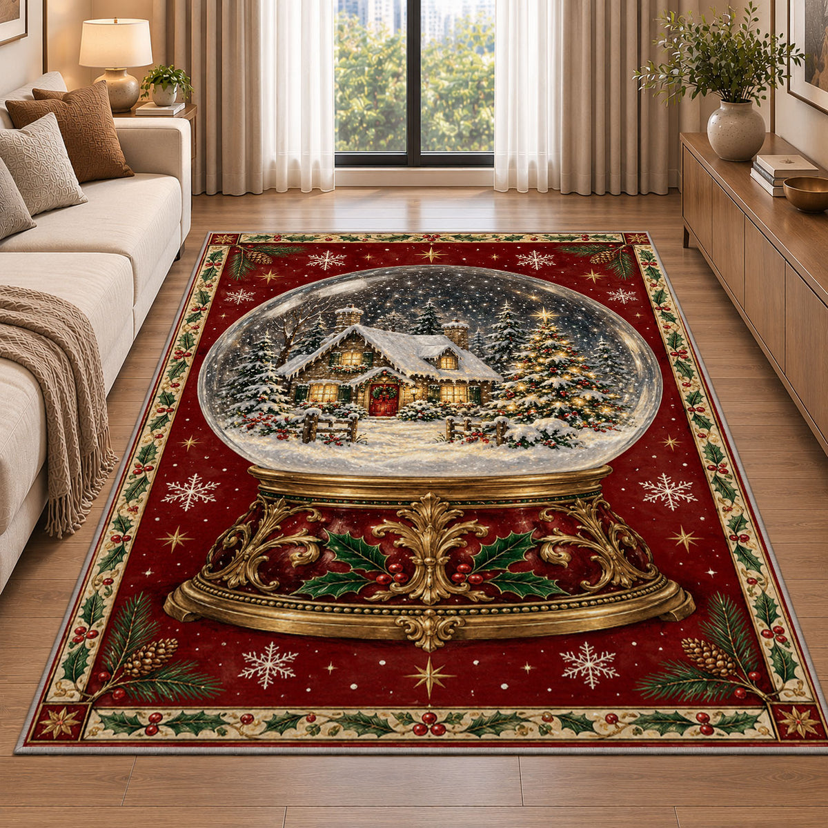 Gilded Snow Globe Christmas area rug in a living room beside a sofa