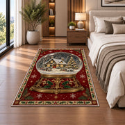 Gilded Snow Globe Christmas area rug in a bedroom beside the bed