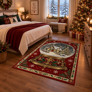 Gilded Snow Globe Christmas area rug in a bedroom with festive decor