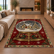 Gilded Snow Globe Christmas area rug in a living room with a fireplace