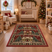 Snowy Cottage Village Christmas area rug in a nursery with a crib
