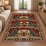 Snowy Cottage Village Christmas area rug in a living room beside a sofa