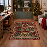 Snowy Cottage Village Christmas area rug in a home office with a Christmas tree