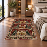 Snowy Cottage Village Christmas area rug in a bedroom beside the bed