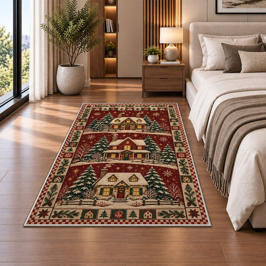 Snowy Cottage Village Christmas area rug in a bedroom beside the bed