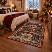 Snowy Cottage Village Christmas area rug in a bedroom with festive decor