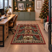 Snowy Cottage Village Christmas area rug in a home office beside a desk