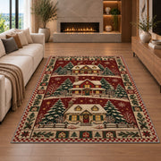 Snowy Cottage Village Christmas area rug in a living room with a fireplace