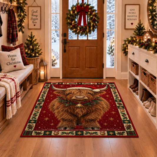 Highland Cow in Santa Hat Christmas area rug in a Christmas-decorated entryway